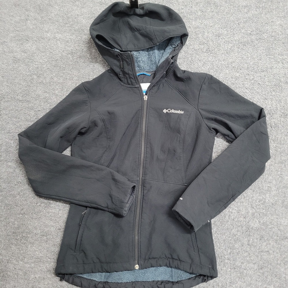 Columbia Softshell Jacket Womens Size S Black Fleece Lined Hooded Outdoor Coat
